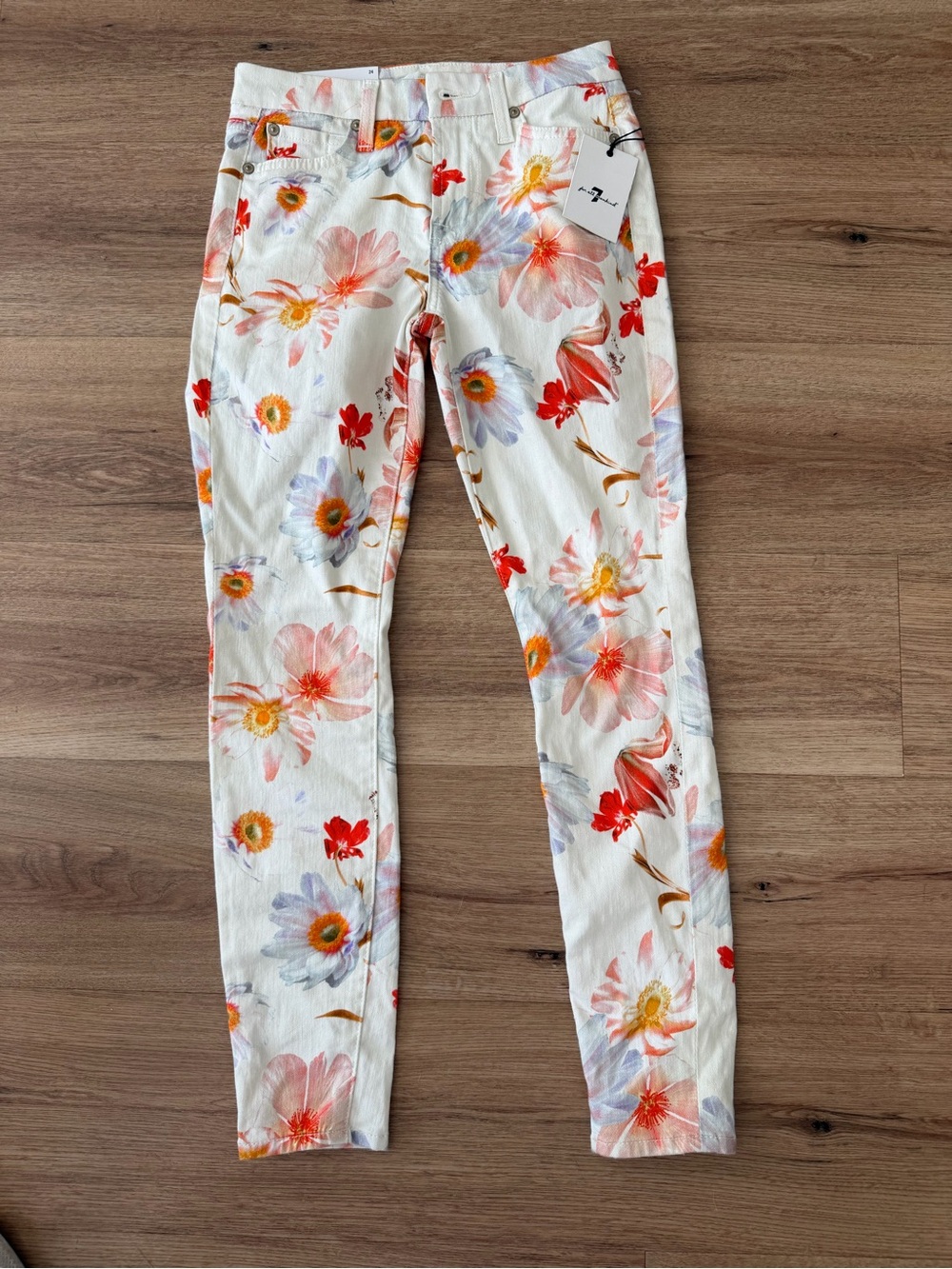 7 For All Mankind White Skinny Jeans with Coral & Lavender Floral Print